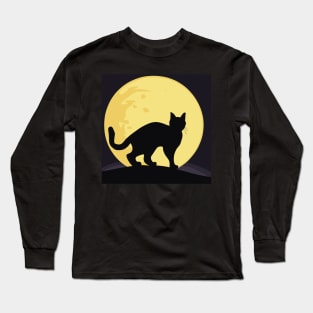 Black cat at night yellow full moon Long Sleeve T-Shirt